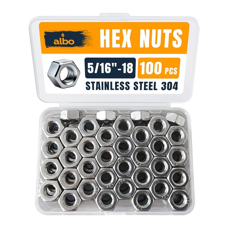 ALBO 100 PCS 5/16-18 Hex Nuts – Stainless Steel 304 SAE Nuts Set in Reusable Box – Hardware for Automotive & DIY – 5/16 Nut, SAE Nut Assortment - Image 1